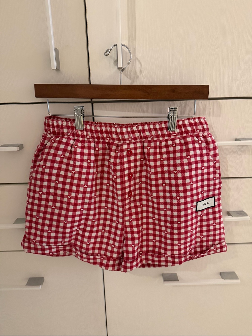 Designer Inspired Gingham Red & White Shorts with Heart Print